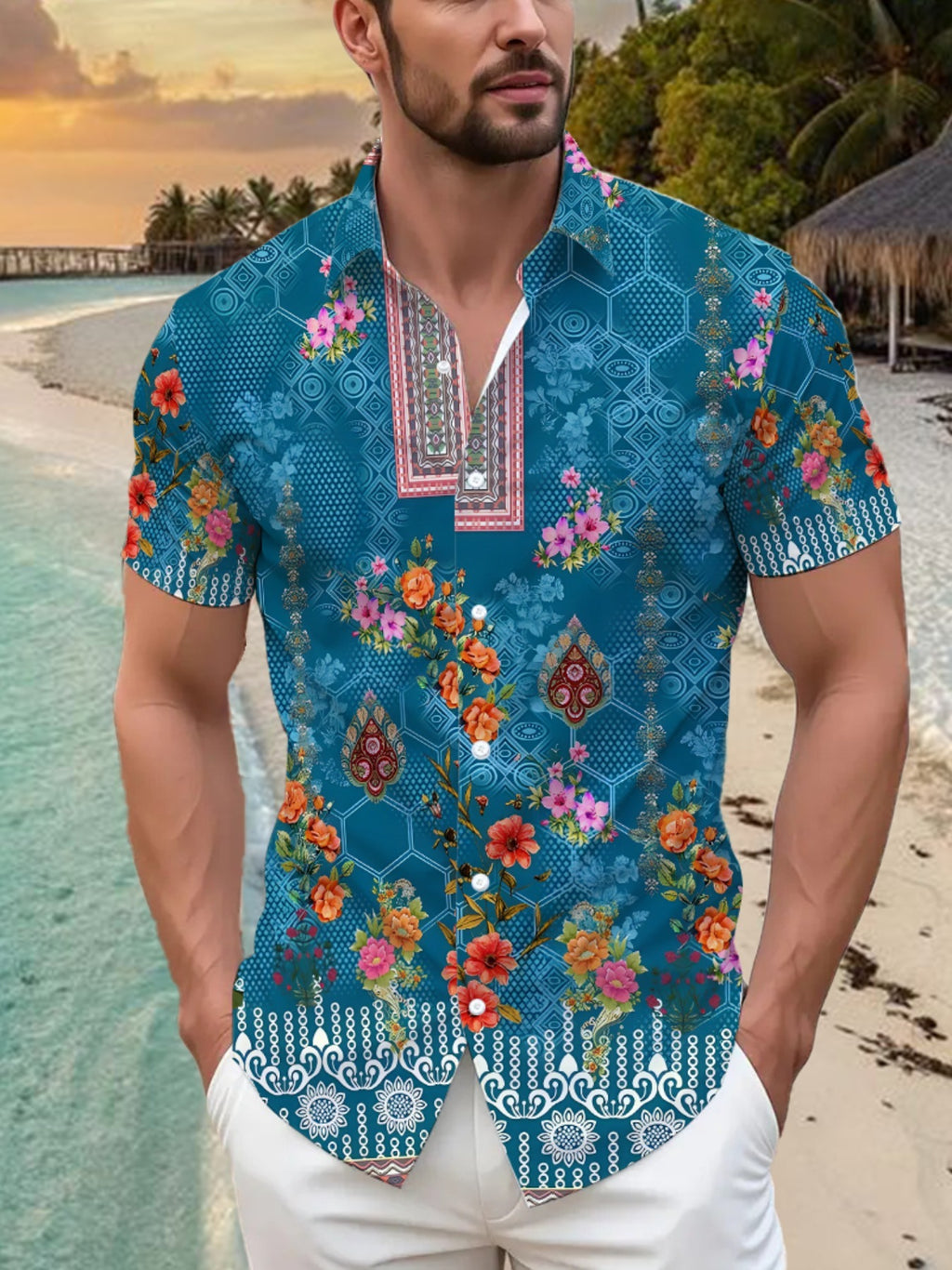 Tropical Vacation Floral Print Men'S Casual Shirt - Short-Sleeved Button Design, Bright Colors, Summer Outdoor And Casual Wear, Machine Washable