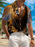 New Men's Casual Short-Sleeve Shirt: Golden Mane Lion Standing on Precarious Cliff, Gazing Majestically at Distant Mountains Bathed in Setting Sun. Versatile for Holiday Gatherings and Commuting. Polyester Fiber Fabric, Machine Washable. Button-Up