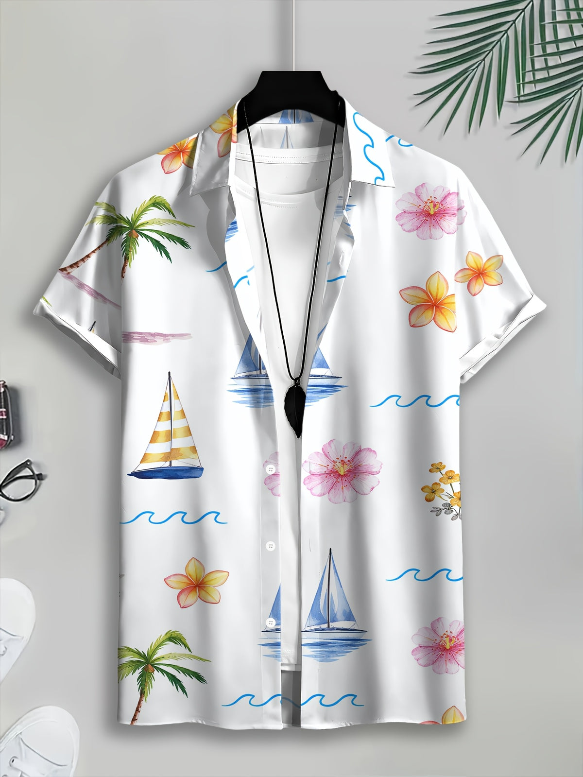 Summer Style Men's Casual Shirt Print Tropical Paradise with Palm Trees Sailboats And Flowers Summer Vibrant Island Vibes