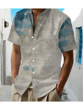 Hawaiian Tropical Blue, White, And Gray Gradient Patterned Elements Fun Print Men'S Casual Shirt - Short-Sleeve Button Design, Suitable for Summer Outdoor And Casual Wear, Everyday Outfits