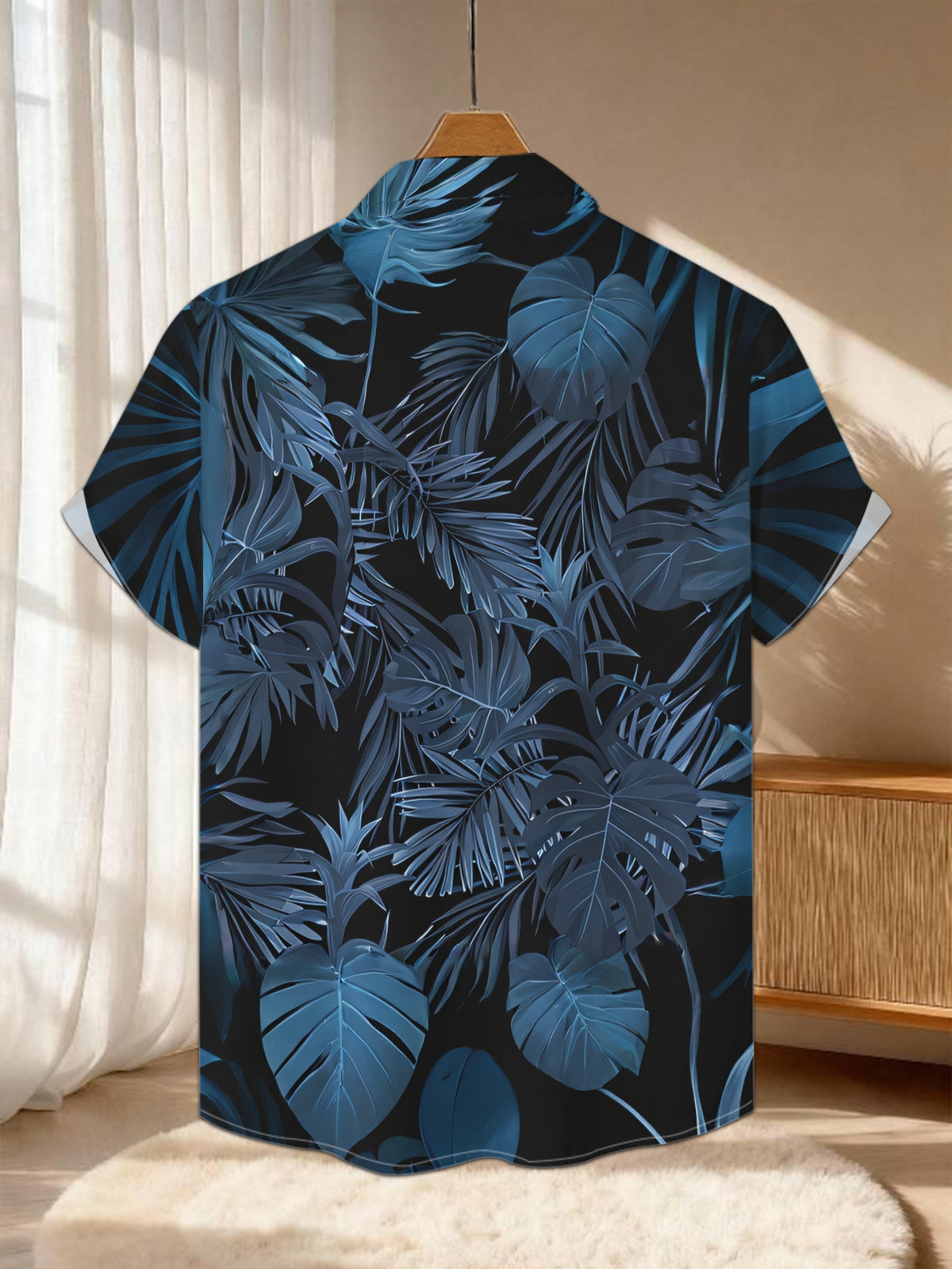 New Men'S Casual Short-Sleeve Shirt Featuring a Deep Blue Tropical Leaf Pattern, with a Dark Background That Highlights Its Elegant Texture. Perfect for Holiday Gatherings And Commuting, Made from Machine-Washable Polyester Fabric
