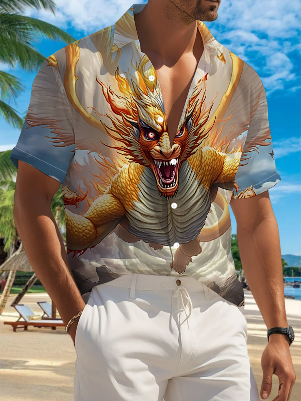 This New Men'S Casual Short-Sleeve Shirt Features a Fiery Winged Beast Design, Perfect for Festive Gatherings And Commuting. Made from Machine-Washable Polyester Fabric, It Has a Button-Up Print Style