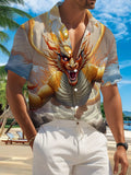 This New Men'S Casual Short-Sleeve Shirt Features a Fiery Winged Beast Design, Perfect for Festive Gatherings And Commuting. Made from Machine-Washable Polyester Fabric, It Has a Button-Up Print Style