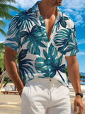 New Men's Casual Short-Sleeve Shirt, Teal Blue with Hand-Painted Monstera Leaf All-Over Print, Versatile for Holiday Parties and Commuting, Polyester Fiber Fabric, Machine Washable, Button- Printed Shirt