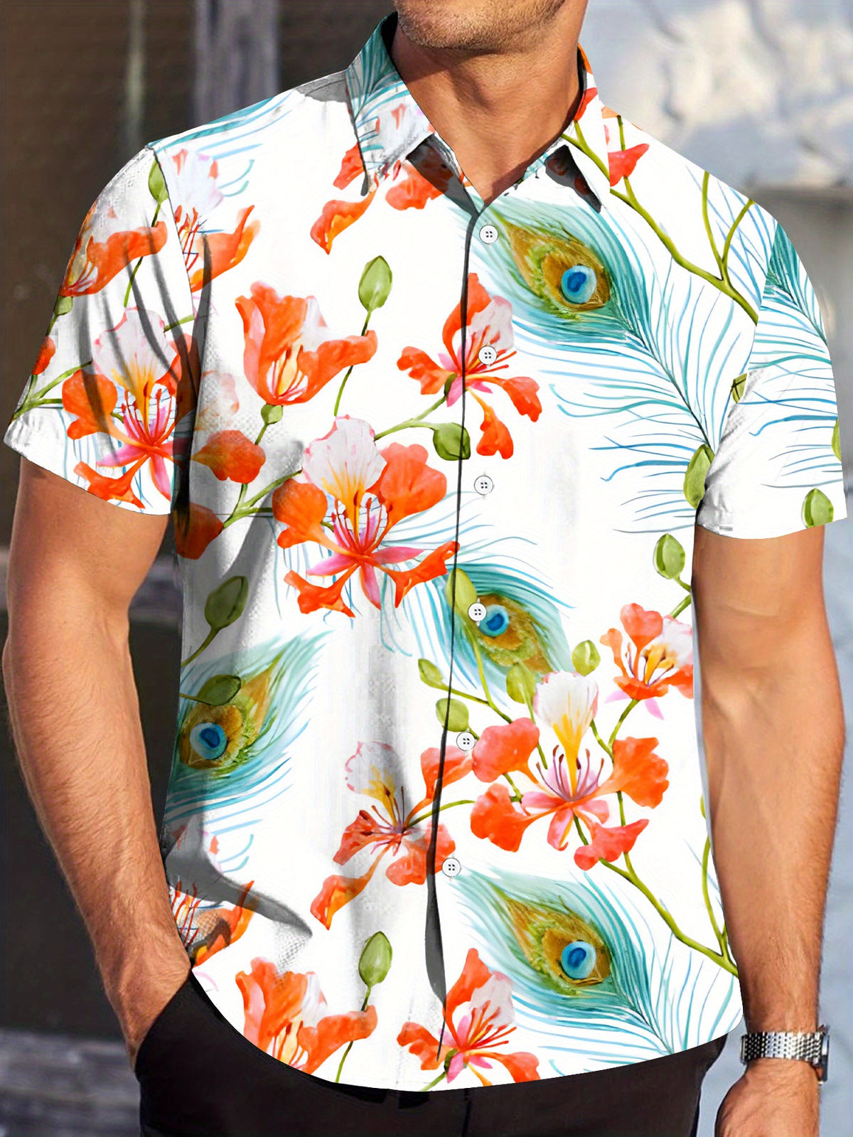 Men's Short-Sleeve Shirt - Vibrant Peacock Floral Print, Lightweight and Breathable Fabric, Classic Pointed Collar, Regular Fit Summer Casual Semi-Formal Shirt, Versatile Styling, Bold Pattern Design, Fashionable Trendy Style