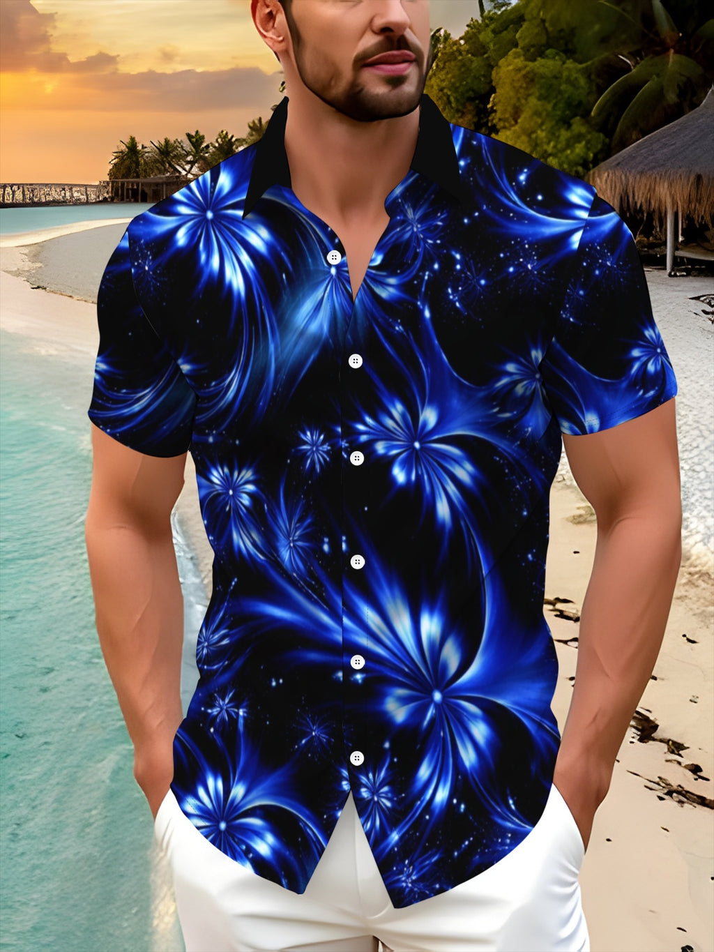 Men's Short-Sleeve Button-Up Shirt with Full-Body Geometric Collar & - Loose Fit Casual Button Collar Shirt Suitable for Summer, Office, Semi-Formal Wear - Non-Stretch Button-Front for Everyday Business Outfits