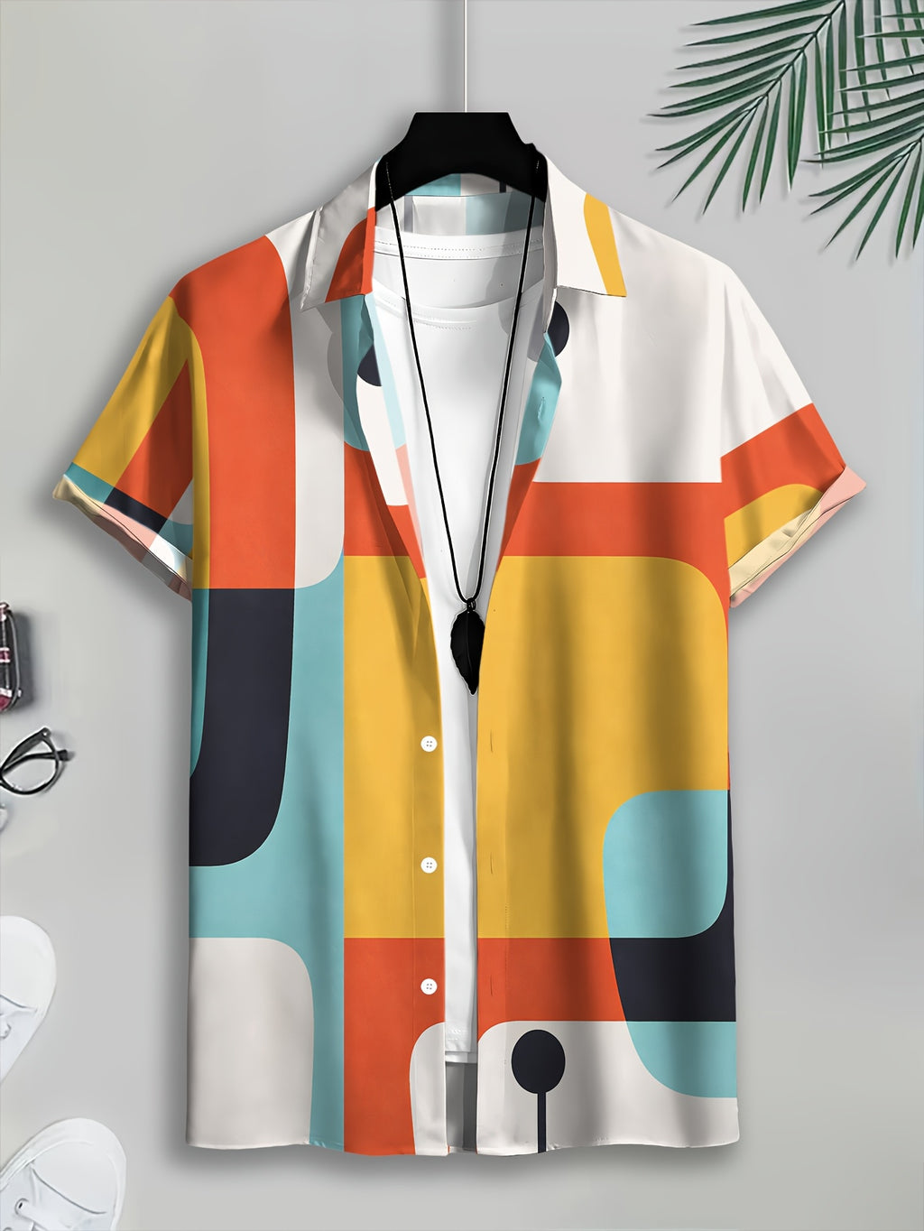 Colorful Geometric Pattern Men'S Casual Shirt, Abstract Shapes Print Summer Bold Design