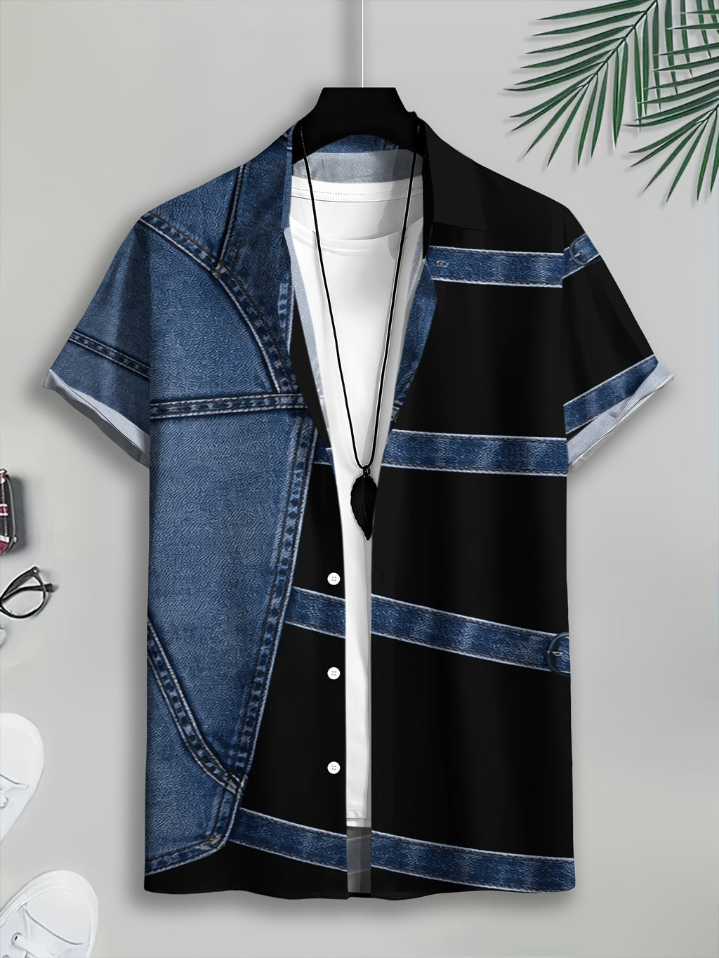 PrintedDesign-NotTextured 2dprinting Denim And Black Patchwork Style Men's Casual Shirt Print Denim Texture Design Summer Bold Contrast Panels