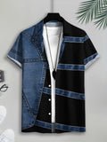 PrintedDesign-NotTextured 2dprinting Denim And Black Patchwork Style Men's Casual Shirt Print Denim Texture Design Summer Bold Contrast Panels