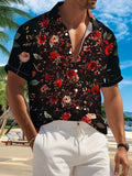 New Men's Casual Short-Sleeve Shirt with Crimson Pink Roses on a Black Background, Featuring Overlapping Clusters of Roses Entwined with Branches. Versatile for Holiday Gatherings and Commuting. Made of Polyester Fiber, Machine Washable. Button-Up