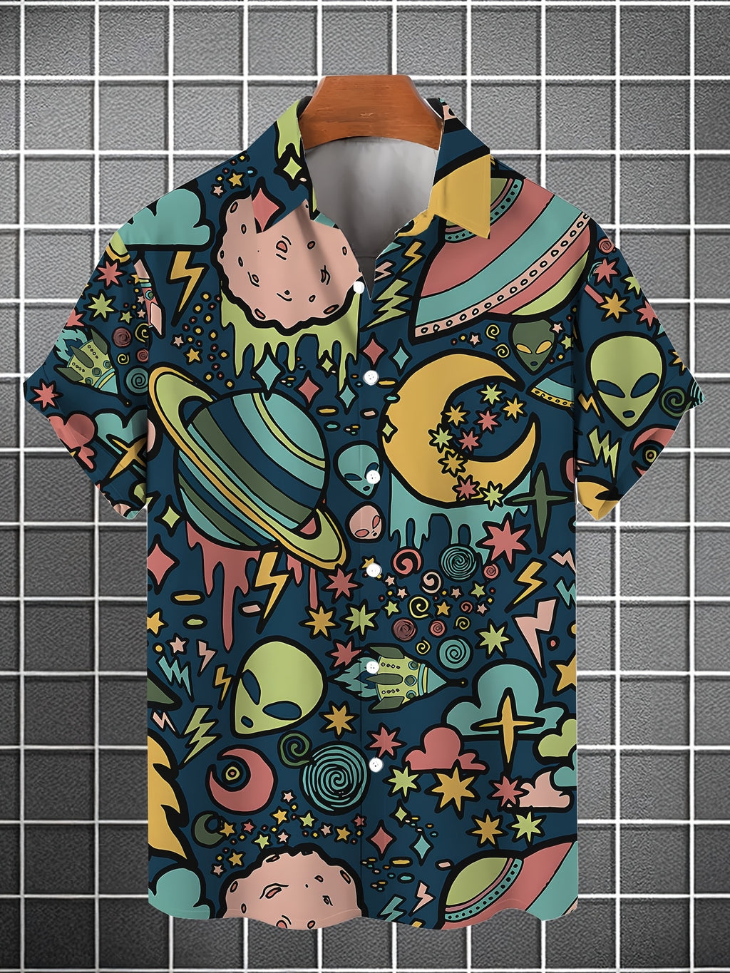 Men's Summer Casual Planet Alien Print Shirt - Breathable, Short Sleeve, Hawaiian Style, Summer Outdoor Vacation, Breathable Tropical Beach Short Sleeve, Lapel Button-Up Casual Shirt, Suitable for Summer Vacation