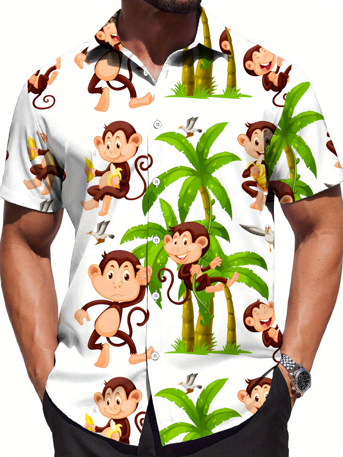 Men'S Tropical Monkey And Palm Tree Print Shirt - Hawaiian Style Short Sleeve Beach Shirt, Lightweight Non-Stretch Fabric Suitable for Summer Vacation, Parties, Casual Wear - Easy Care Button-Up Collar Design, Hawaiian Style Top, Fun Pattern