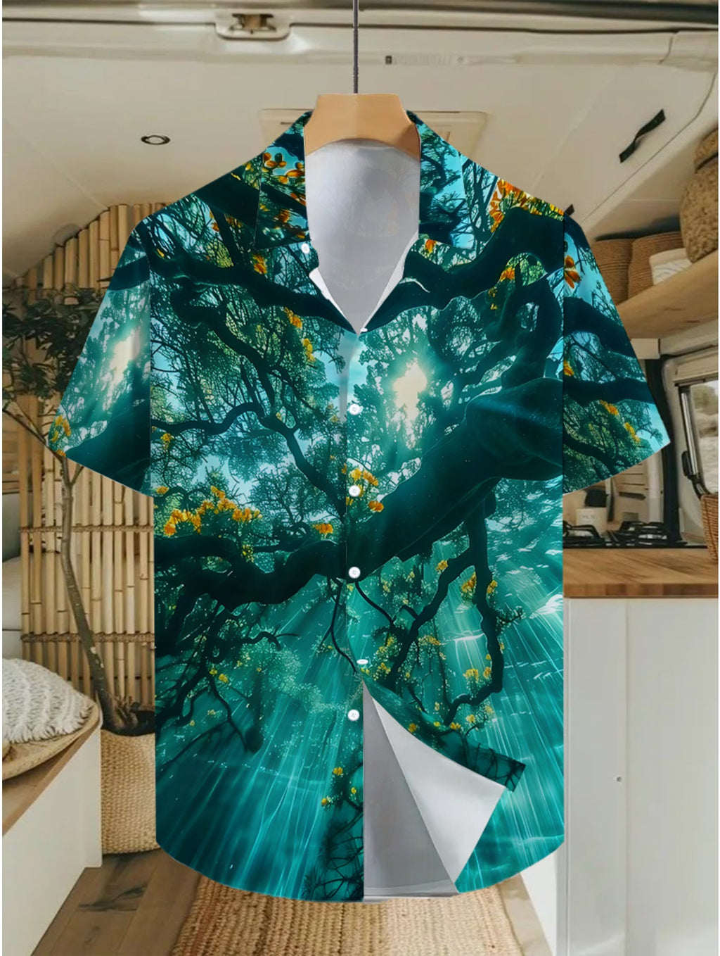 Fashion Hawaiian Men's Casual Sunlight Through Forest Pattern Shirt, Regular Fit Turn- Collar, Button Front, Outdoor Travel Clothing