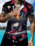 Men's Cartoon-style Short-sleeve Shirt, Black and Red Color-blocking with Camera and Skateboard Cartoon Print, Casual Street-style Versatile Shirt
