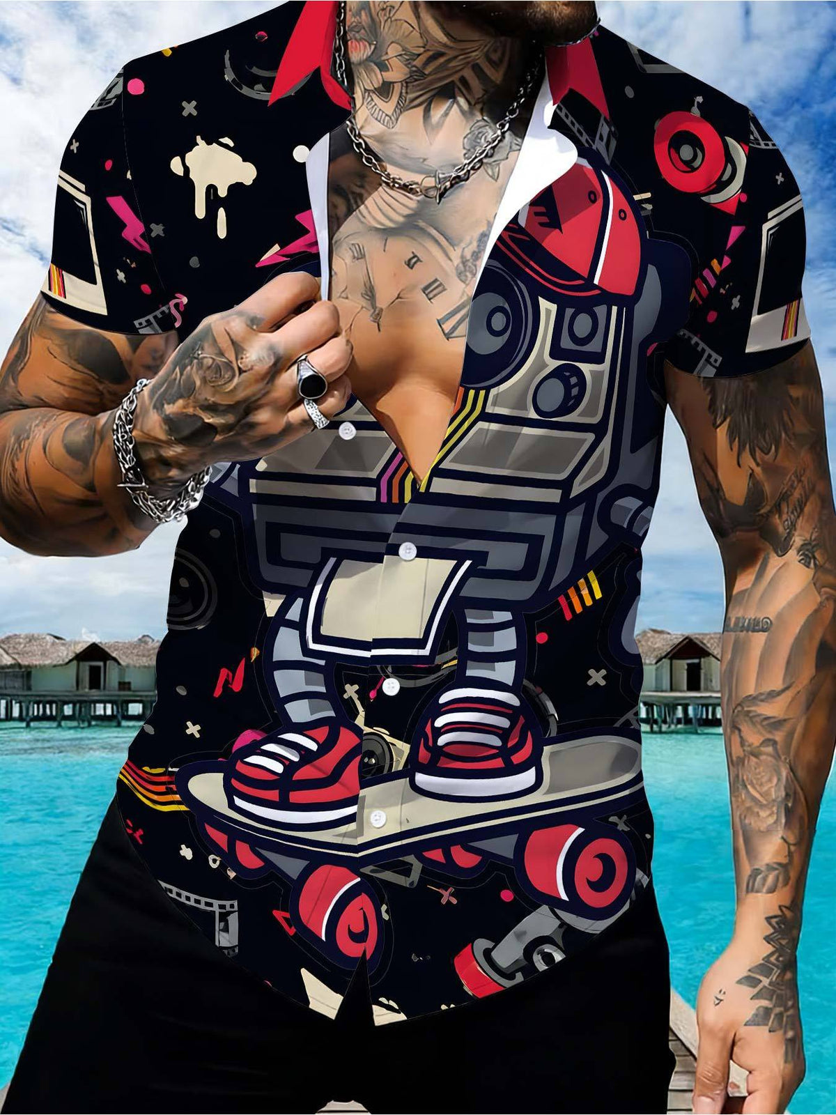 Men's Cartoon-style Short-sleeve Shirt, Black and Red Color-blocking with Camera and Skateboard Cartoon Print, Casual Street-style Versatile Shirt