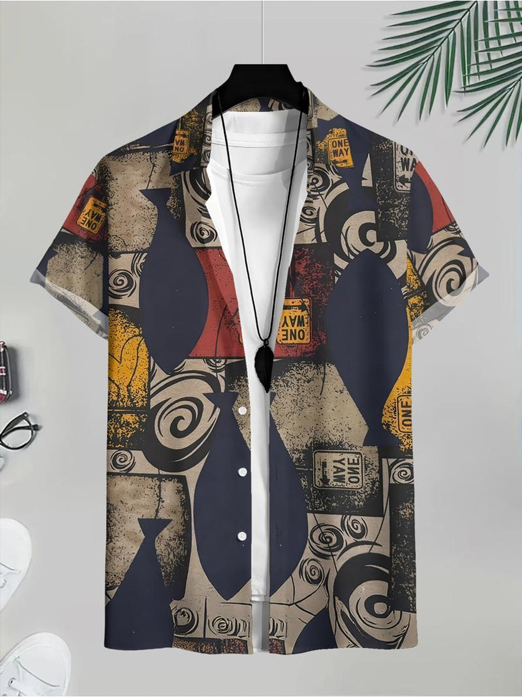 Men's Casual Shirt with One Way Sign And Abstract Pattern for Beach Summer Wear