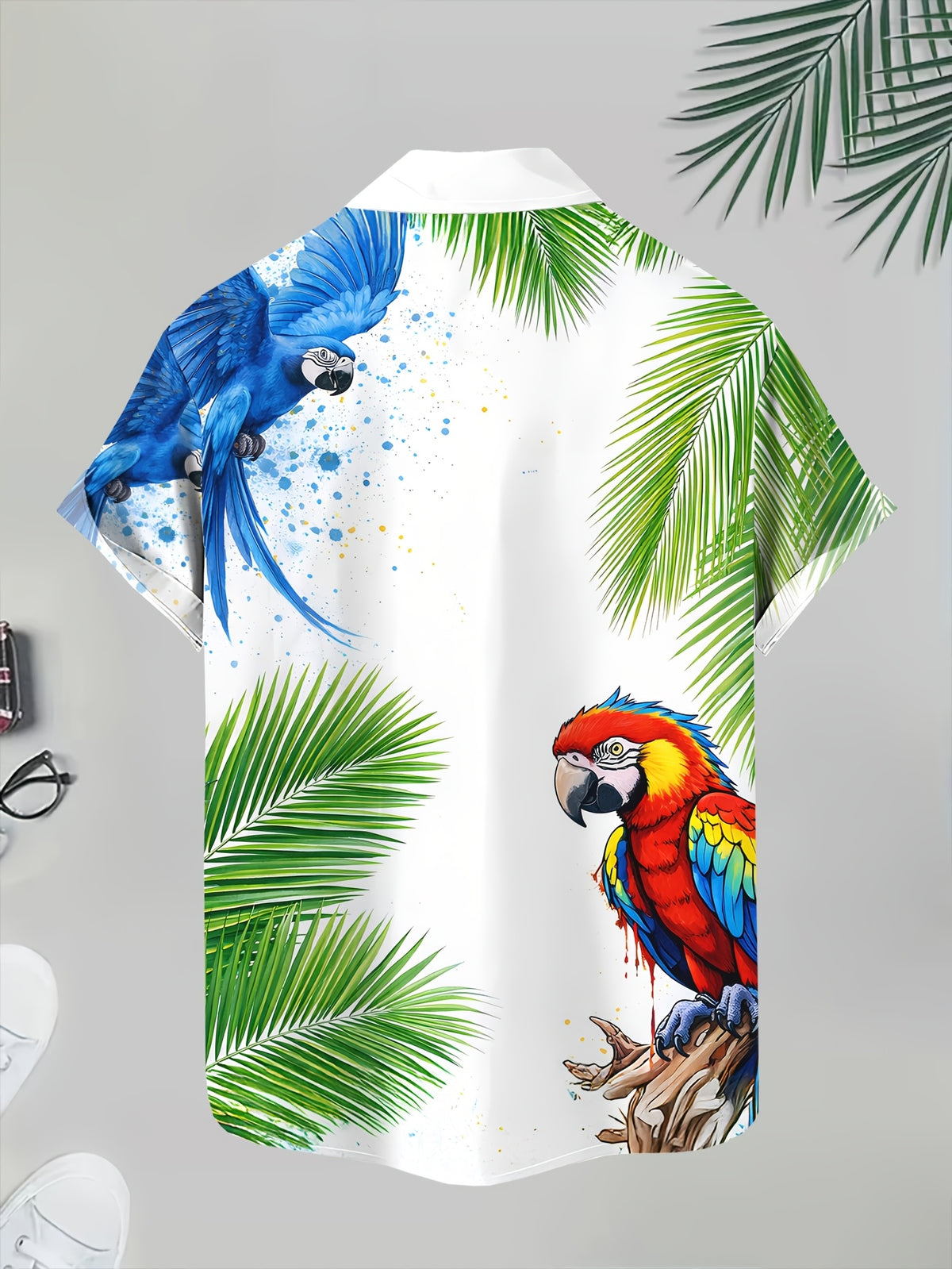 Men's Casual Shirt with Tropical Parrots and Palm Leaves Print, Bright Summer Colors
