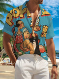New Men's Casual Short-Sleeve Shirt, Popeye and Friends Group Appearance, Versatile for Holiday Parties and Commuting, Polyester Fabric, Machine Washable, Button-Up Printed Shirt