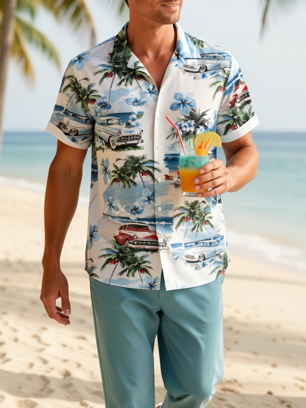 Men's Hawaiian Shirt with Tropical Print and Short Sleeves- Vintage Beach Style with Classic Car and Palm Tree Design, Button Collar, Lightweight Summer Vacation, Loose Summer Protection Pants| Hawaiian Buttons| Smooth Texture