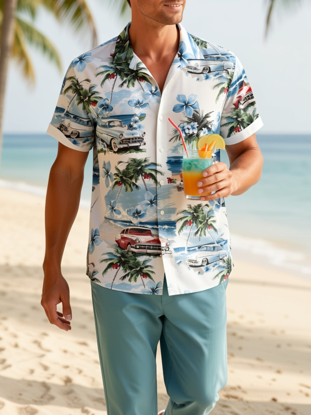Men's Hawaiian Shirt with Tropical Print and Short Sleeves- Vintage Beach Style with Classic Car and Palm Tree Design, Button Collar, Lightweight Summer Vacation, Loose Summer Protection Pants| Hawaiian Buttons| Smooth Texture
