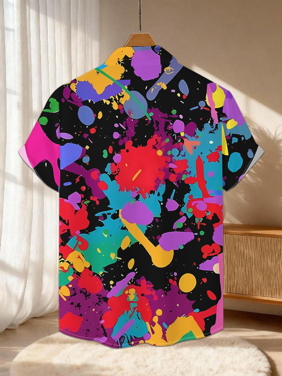 New Men's Casual Short-Sleeve Shirt with Vibrant Ink Splatter Print on Black Background, Bold Contrasting Colors for Festive Parties, Commuting, and Versatile Casual Wear. Made of Polyester Fiber, Machine Washable. Button-Up Printed Shirt