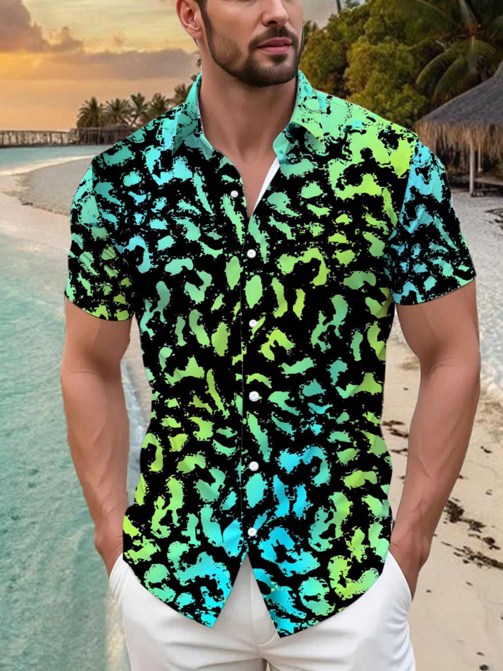 Tropical Hawaiian Style Green And Black Patterned Men'S Casual Shirt - Short-Sleeved with Button Design, Suitable for Outdoor And Casual Wear in Summer