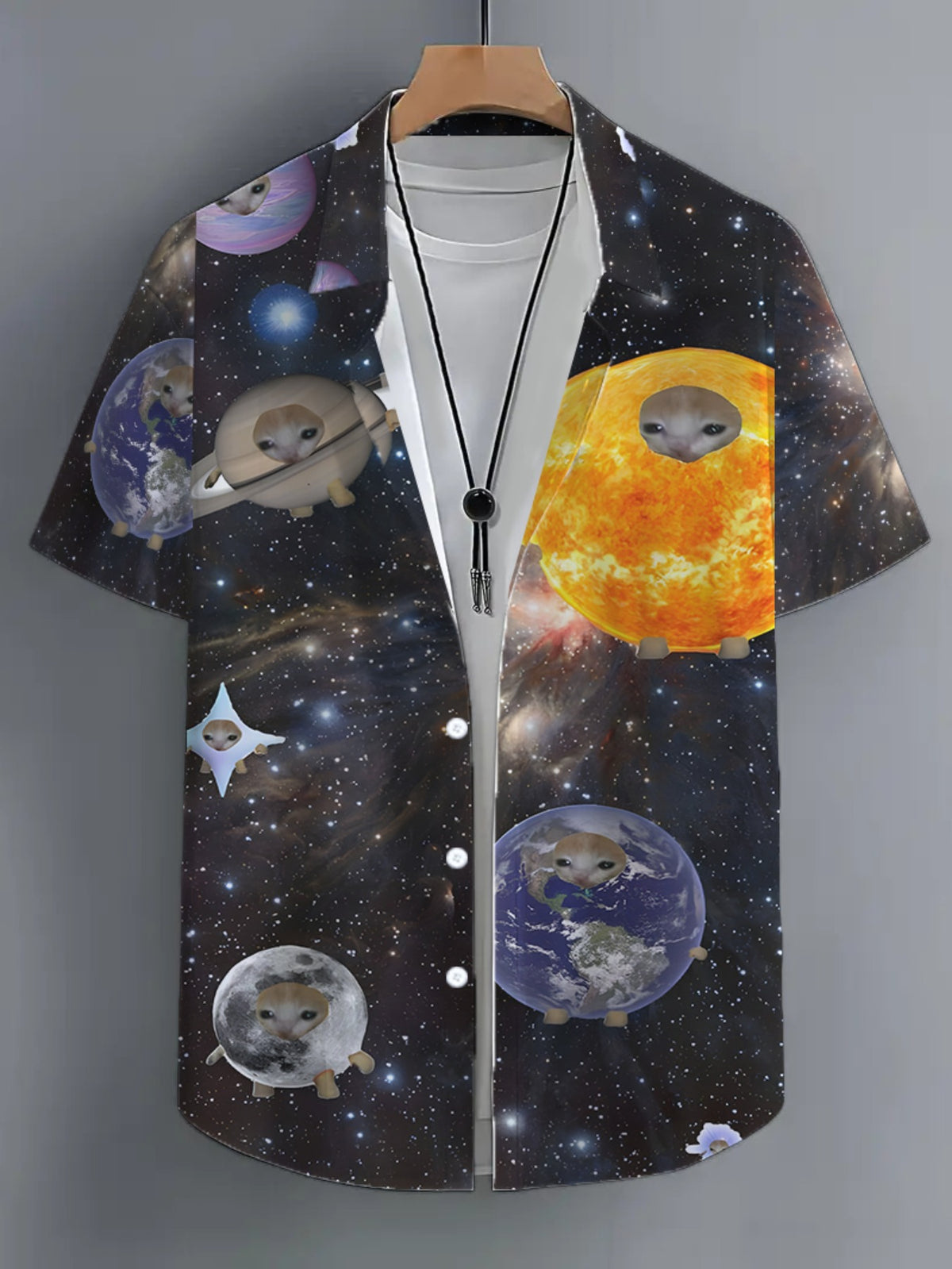 Men's Casual Hawaiian Tropical Shirt with Black Starry Sky and Planetary Element Fun Print - Short Sleeve Button-Up Design, for Summer Outdoor and Casual Wear, Daily Outfits