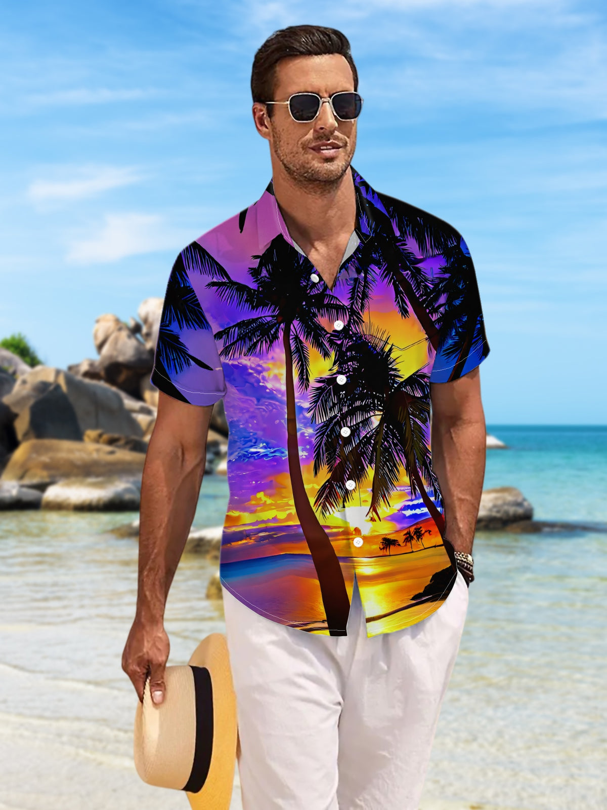 New Men'S Casual Short-Sleeve Shirt Featuring a Silhouette of Palm Trees Against a Vibrant Sunset, with The Sea Shimmering Like Scattered Golden. Perfect for Holiday Gatherings And Commuting, Made from Machine-Washable Polyester Fabric