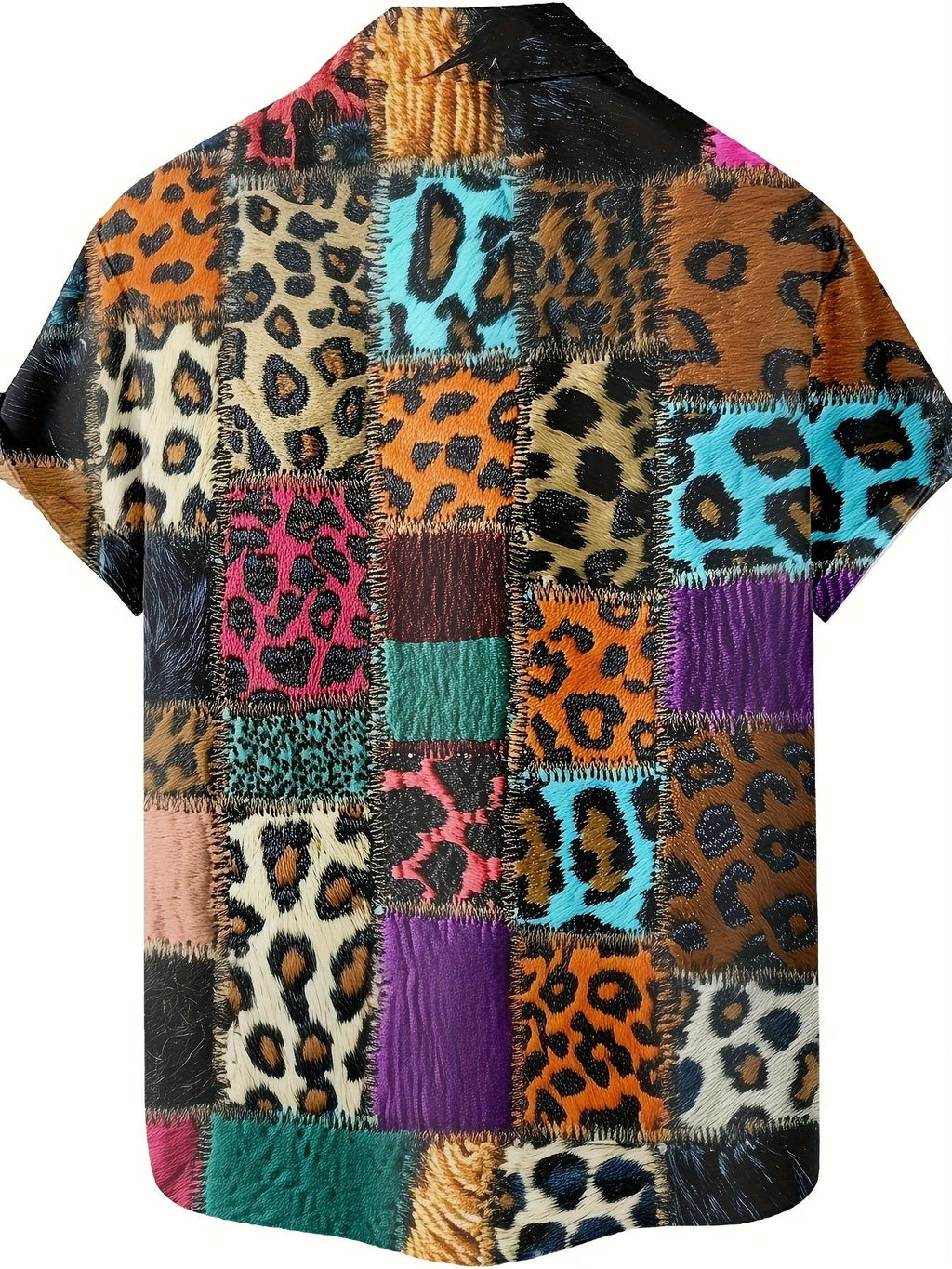 New Patchwork Leopard Print Short Sleeve Shirt, Men'S Casual Button-Up Short Sleeve Shirt Suitable for Beachwear, Vacation And Casual Outings, Casual Summer Top with Breathable Material, Summer Vacation, Casual Loose Fit Tropical Hawaiian Shirt