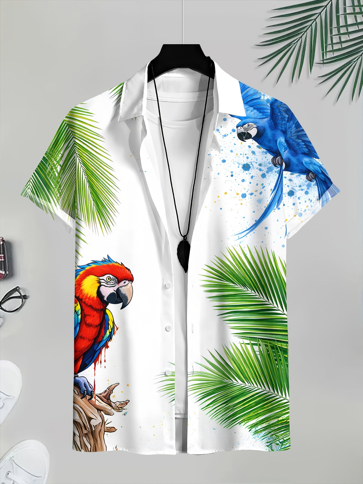 Men's Casual Shirt with Tropical Parrots and Palm Leaves Print, Bright Summer Colors