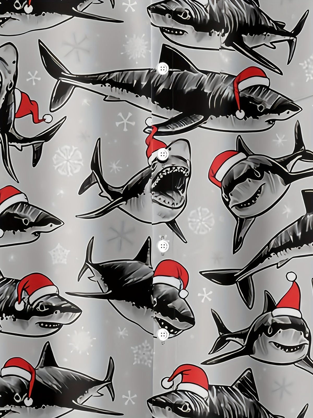 Men'S Funny Christmas Shark Print Short-Sleeve Shirt Featuring a Design with a Santa Hat And Shark Teeth - Red And Black Ocean Theme, Buttoned Collar, - Machine Washable Summer And Christmas Party Attire, Suitable for Beach, Office