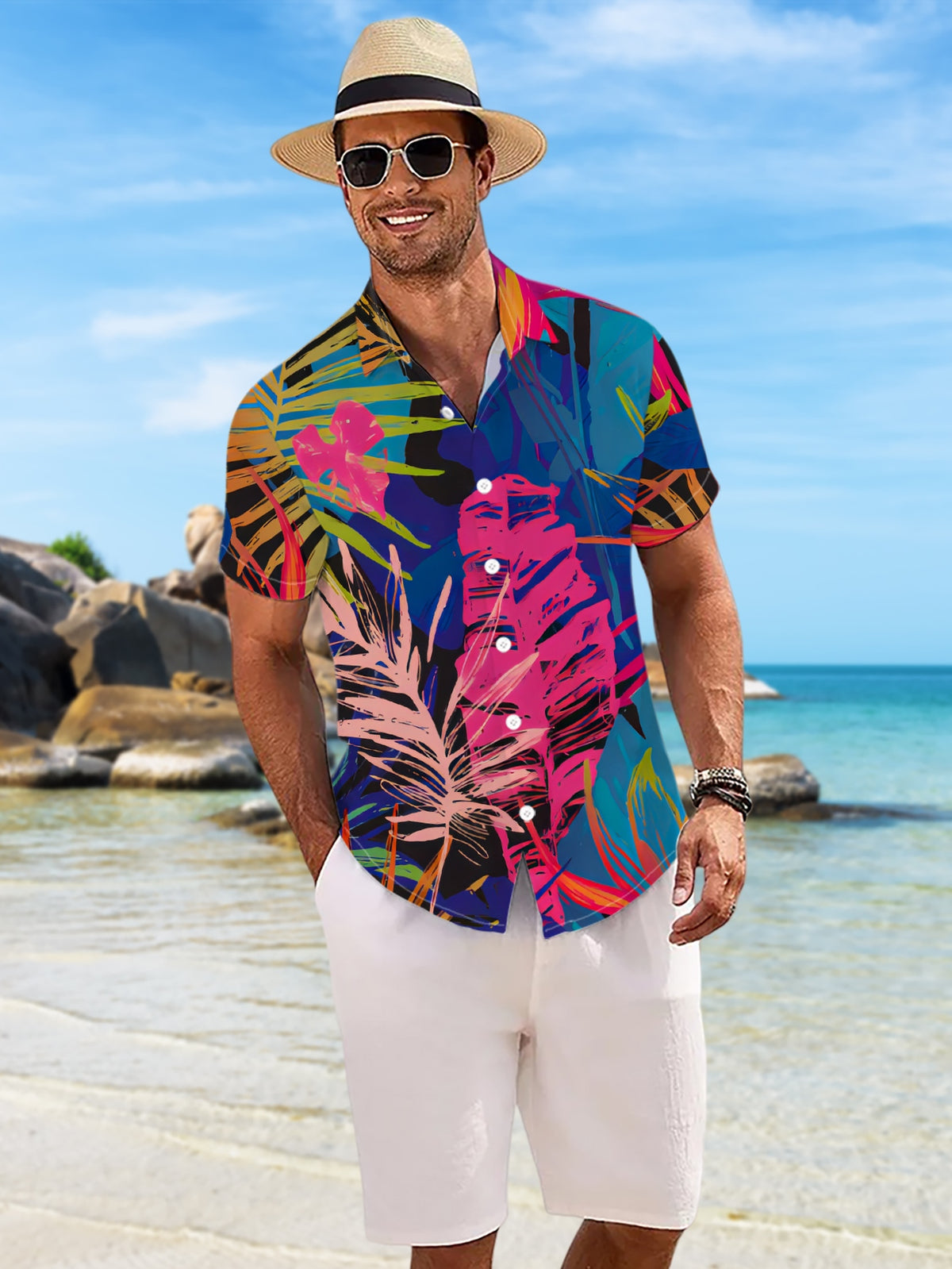New Men'S Casual Short Sleeve Shirt, Vibrant Tropical Foliage Design, Rich Interwoven Colors, Festive Gatherings And Commute Versatile, Polyester Fabric Machine Washable, Button-Up Print Shirt