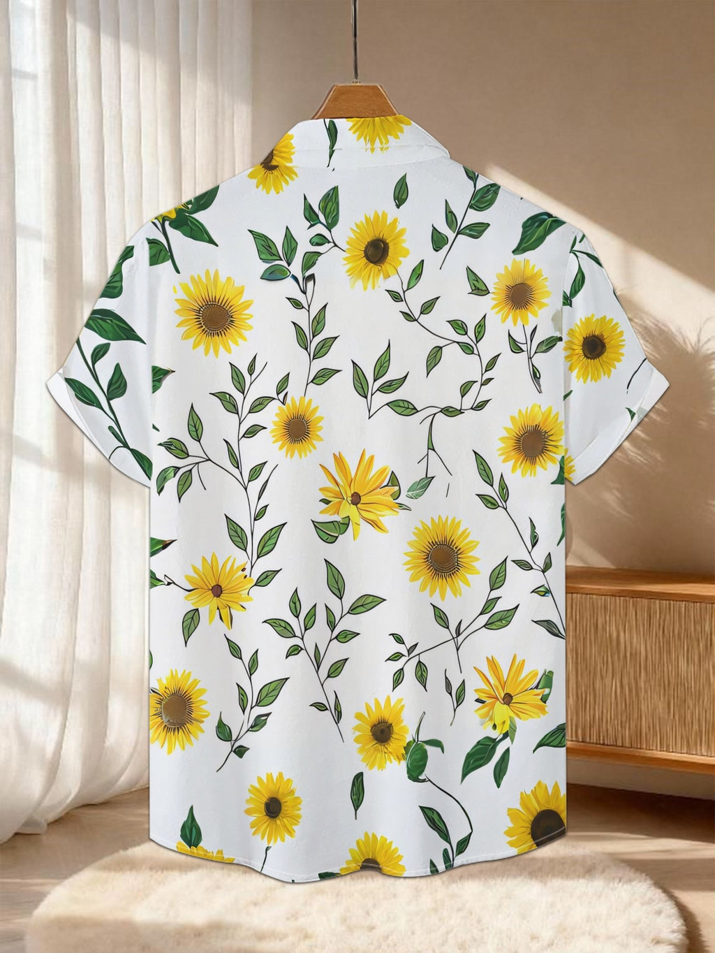 New Men's Casual Short-Sleeve Shirt with Bright Yellow Sunflowers and Green Branches/Leaves Print on White Background. Versatile for Holiday Parties and Commuting. Made of Polyester Fiber, Machine Washable. Lightweight for Summer. Suitable for Casual