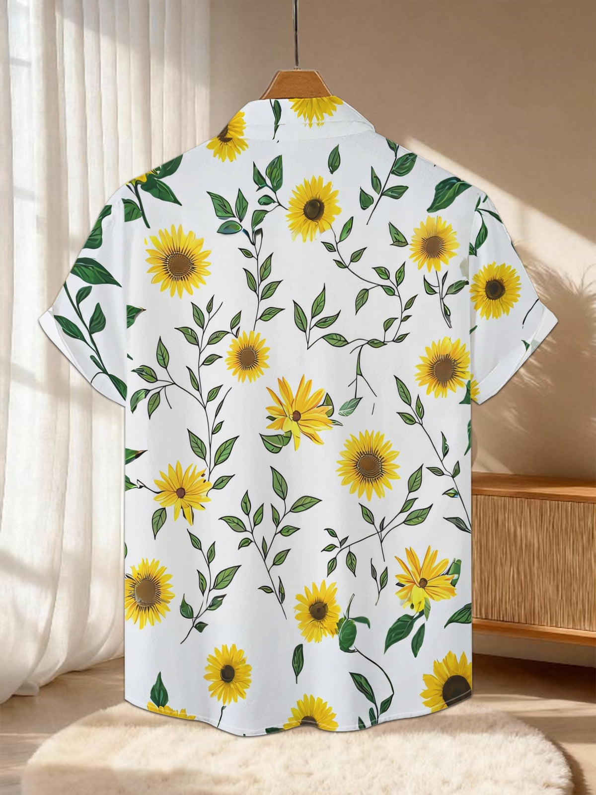 New Men's Casual Short-Sleeve Shirt with Bright Yellow Sunflowers and Green Branches/Leaves Print on White Background. Versatile for Holiday Parties and Commuting. Made of Polyester Fiber, Machine Washable. Lightweight for Summer. Suitable for Casual