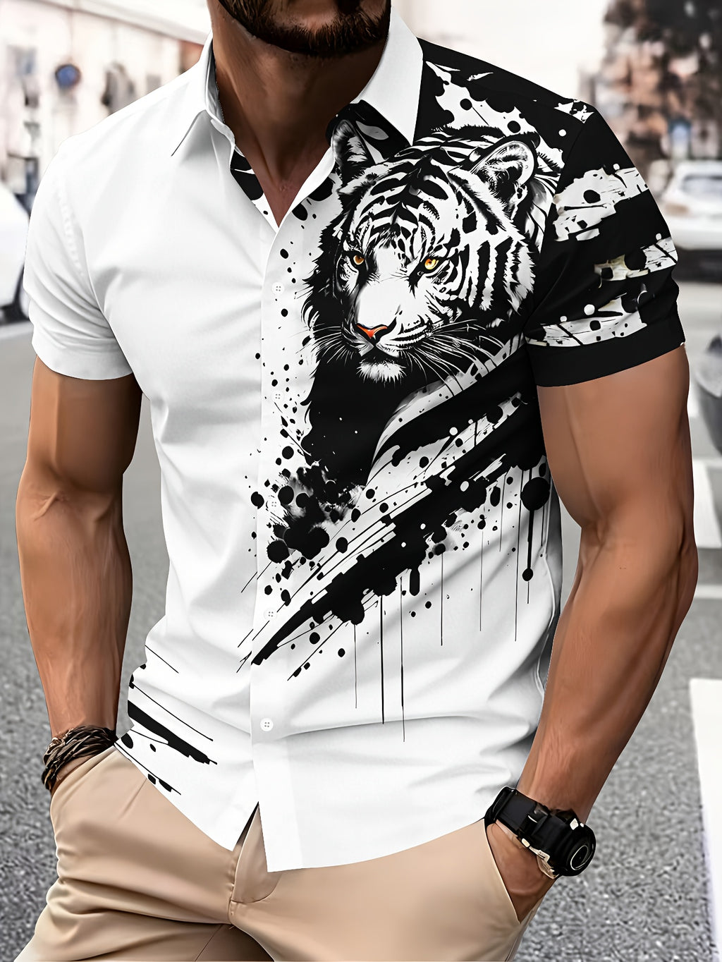 Casual Style Men'S Shirt, Print White Tiger Face with Black Ink Splatter, Summer Bold Animal Pattern Design