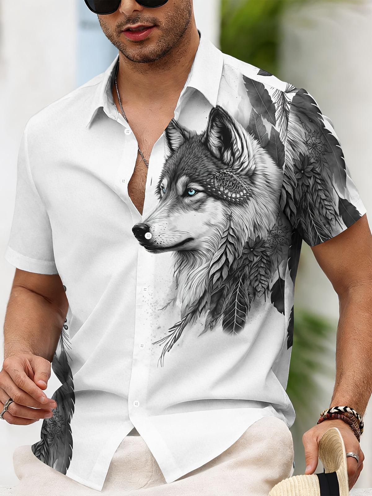 Casual Style Men'S Casual Shirt, Printed White Wolf And Feather Pattern Summer Detailed Animal Design