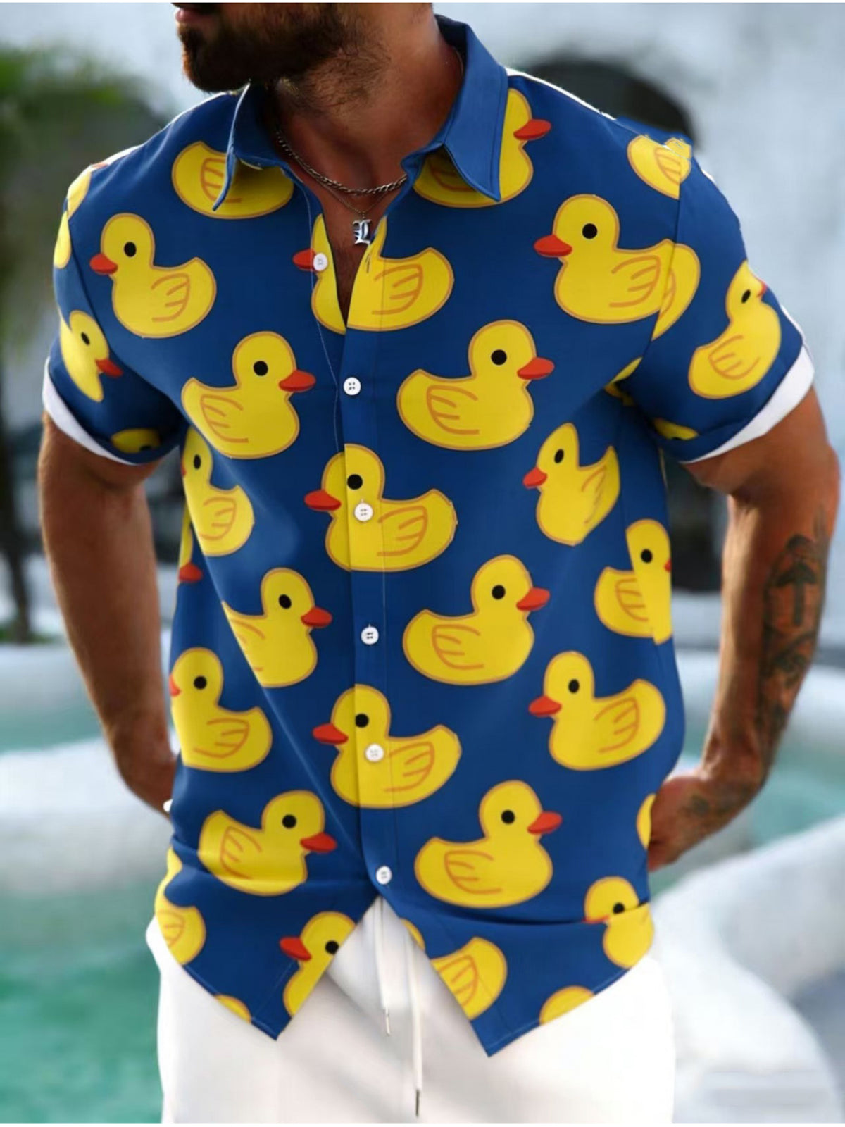 Men's Printed Button- Lapel Shirt - Casual Summer Fashion Apparel, Men's Digital Print Summer Short-Sleeve Shirt, Cute Duck Print Men's Casual Short-Sleeve Shirt with Chest Pocket, Men's Shirt, Suitable for Summer Resorts, Men's Button-Up Shirt