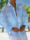 Hawaiian Botanical Leaf Gradient Print Men's Plus Size Button-Up Pocket Long Sleeve Shirt, PLUS SIZE
