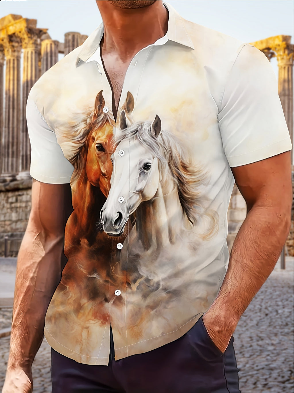 New Men'S Novelty Buckle Corner Collar Shirt, Suitable for Beachwear, Vacation, And Casual Outings, Casual Summer Top with Breathable Material, Summer Vacation, Casual Loose Fit Tropical Hawaiian Shirt, Breathable Fabric