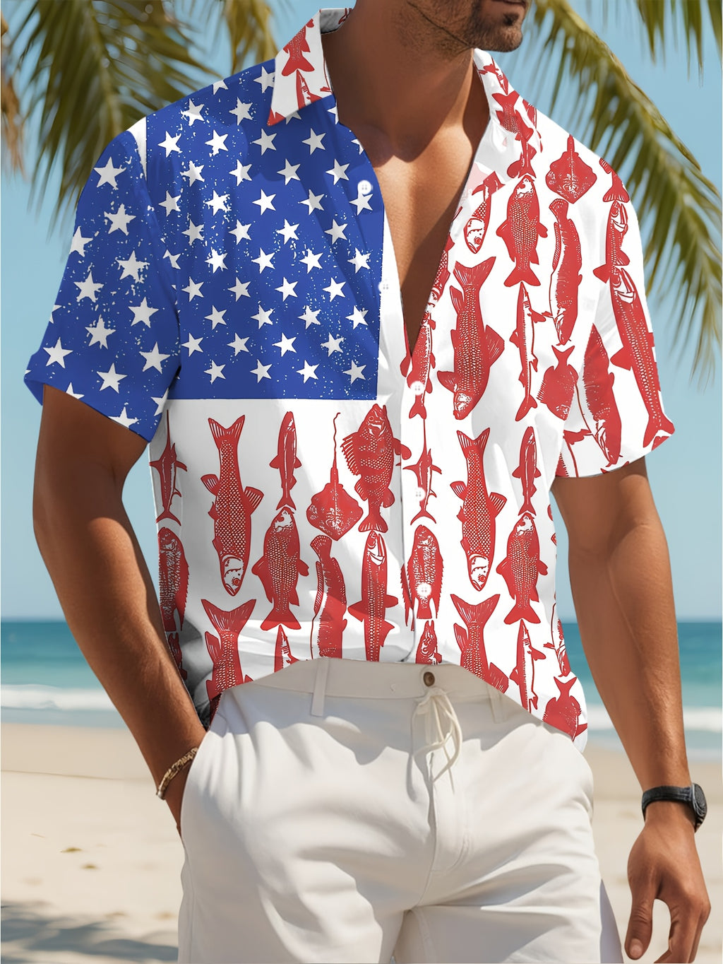 New Men's Casual Stars and Stripes Red Fish Print Shirt, Suitable for Daily Commutes, Casual Outings, Dates, Friend Gatherings, and Shopping. Easily Handles All Scenarios and Meets All Summer Outfit Needs