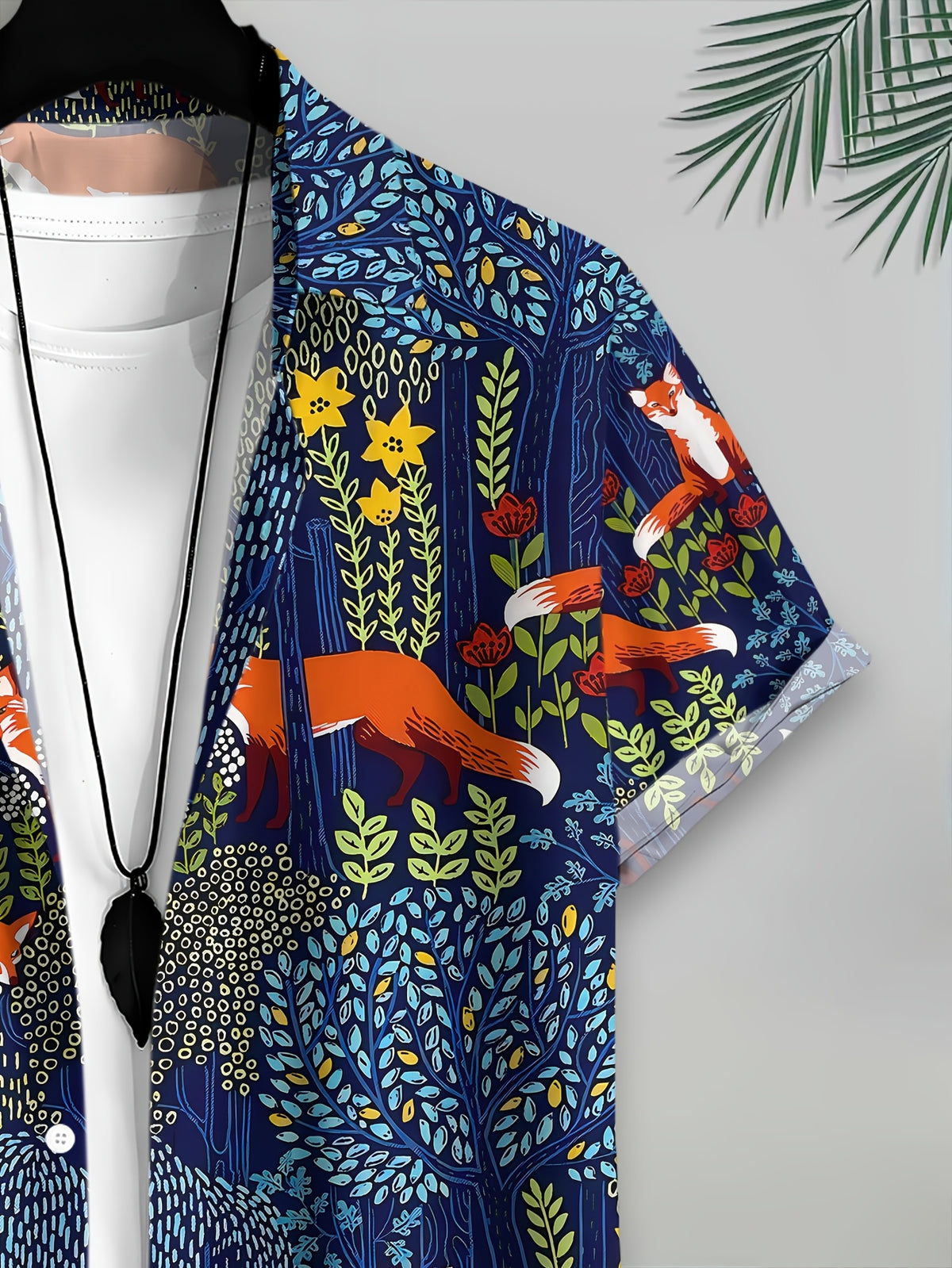 Men's Casual Shirt Print Navy Blue Fox And Flowers Pattern Summer Vibrant Wildlife Design