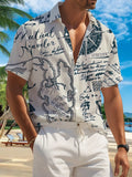 New Men's Casual Short-Sleeve Shirt, Nautical Theme Hand-Painted Collection with Compass, Anchor, Ancient Ship, and Other Elements, Versatile for Holiday Parties and Commuting, Polyester Fiber Fabric, Machine Washable, Button-Print Shirt