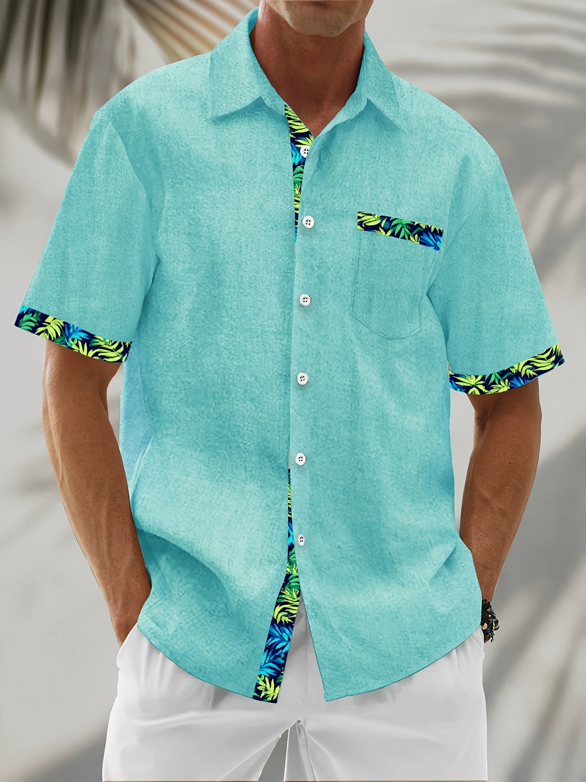 Hawaiian Floral Print Men's Button-Up Pocket Short-Sleeve Shirt, PLUS SIZE