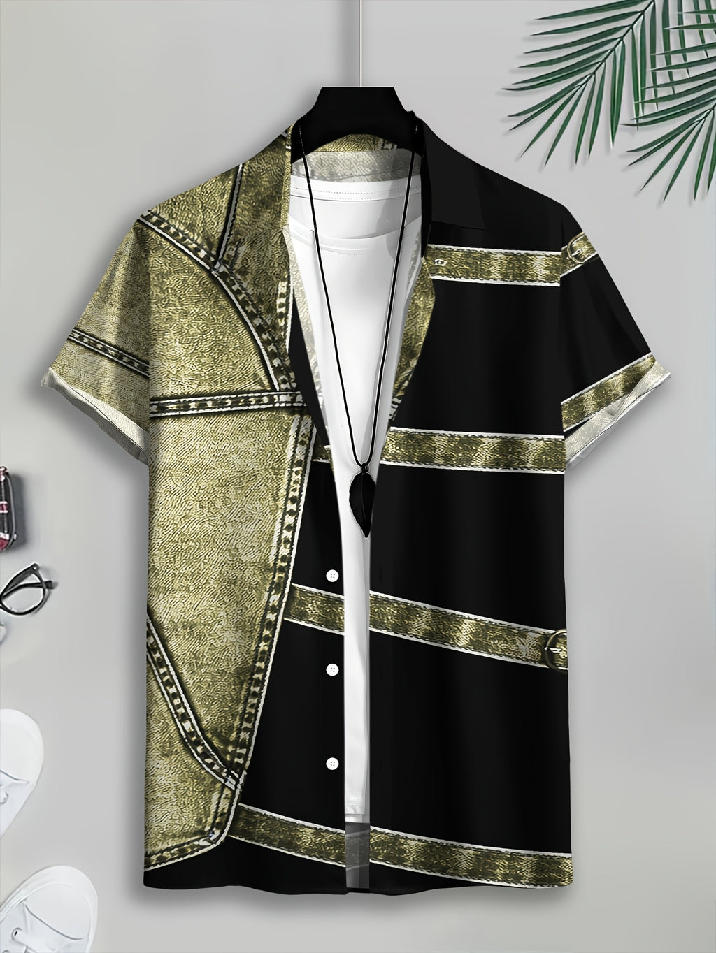 PrintedDesign-NotTextured 2dprinting Denim And Black Patchwork Style Men's Casual Shirt Print Denim Texture Design Summer Bold Contrast Panels