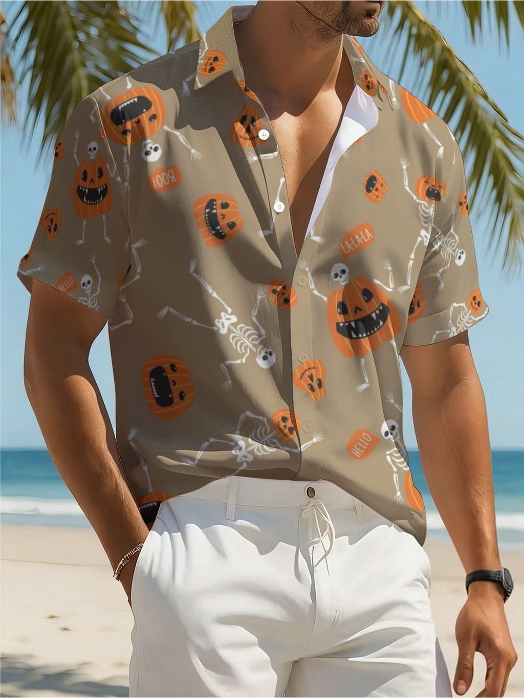 Men'S Teen Halloween Retro Print Hawaiian Shirt, Khaki Pumpkin Skull Pattern Short Sleeve Turn- Collar Shirt, Suitable for Theme Parties, Beach, Daily Casual Wear, Aloha Shirt, Perfect Halloween Gift Choice