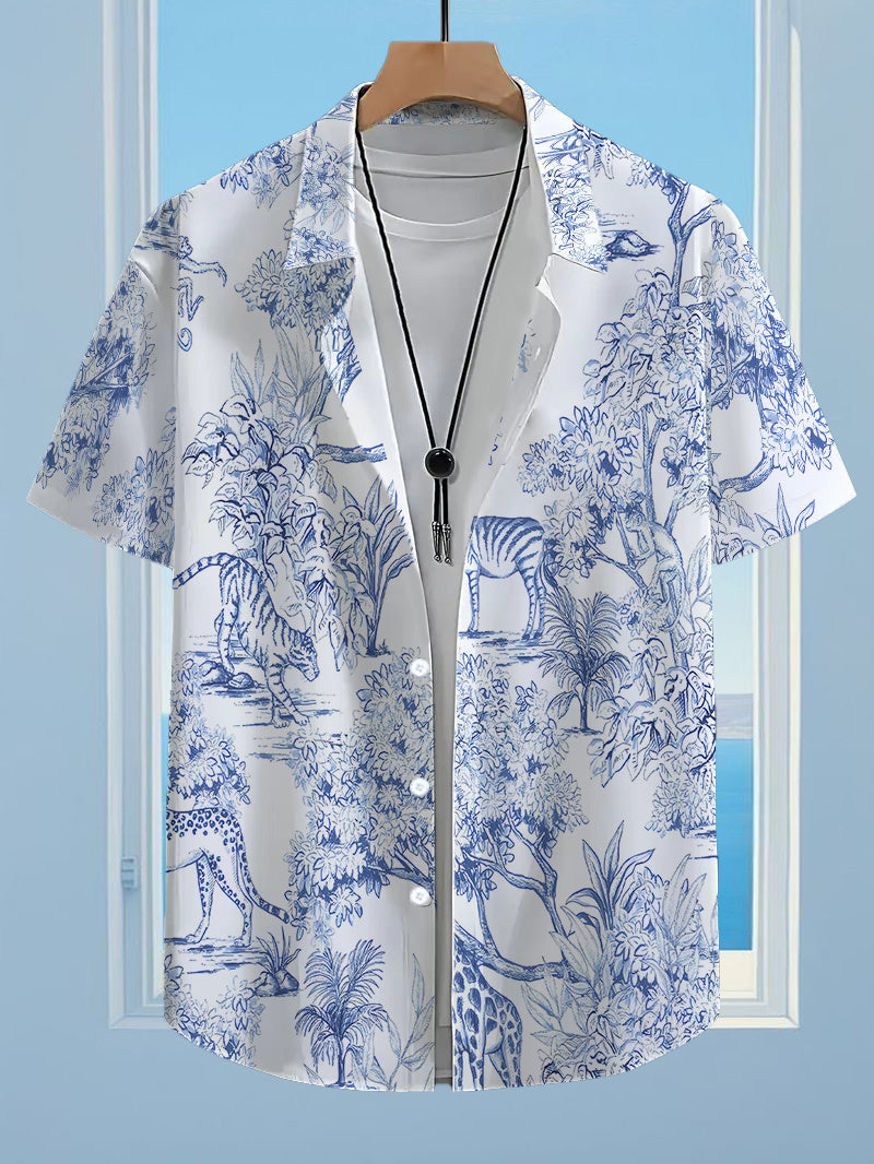 Men'S Casual Anime Shirt Featuring a Stylish Hawaiian Tiger Forest Pattern, with a Formal Cut And Collar, Suitable for Outdoor Activities