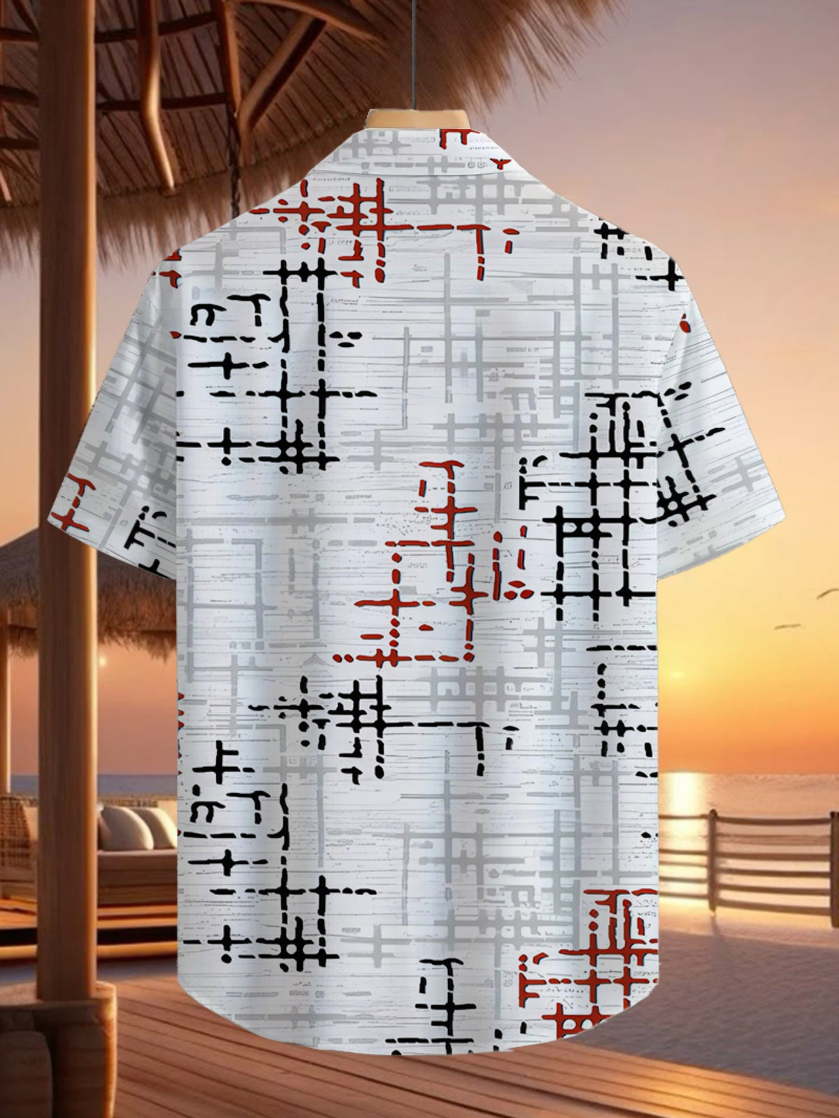 Men'S Casual Short Sleeve Shirt with Anime Line Print - Button-Up Design, Summer Outdoor And Casual Wear, Casual Attire