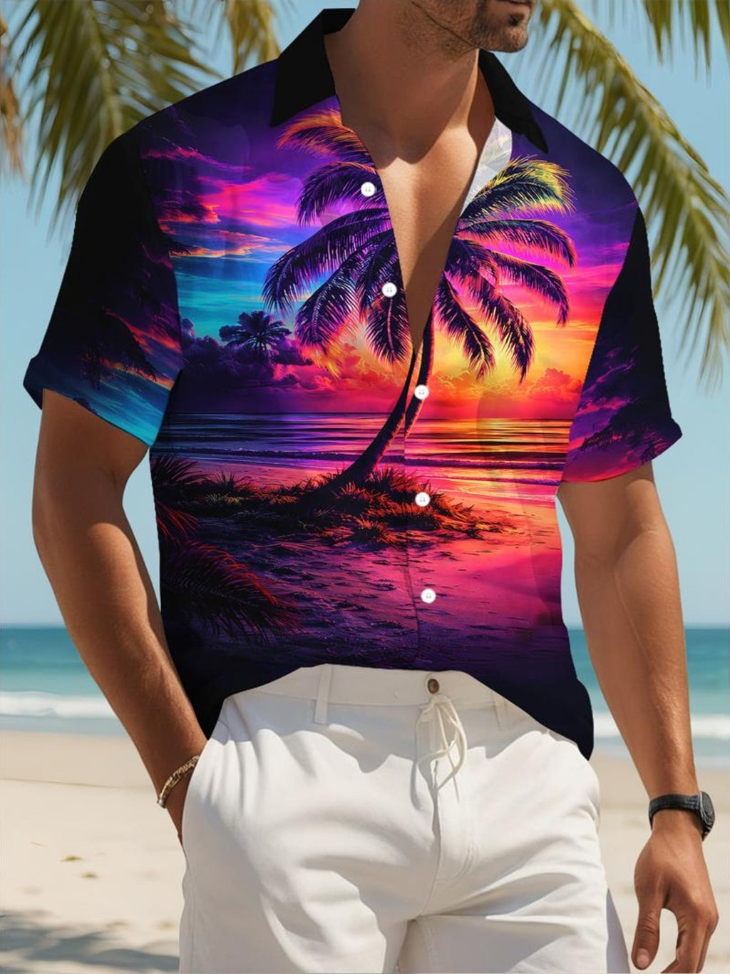 New Men'S Casual Short Sleeve Button-Up Shirt, Tropical Beach Sunset Print, Material, Multiple Sizes Available, Suitable for Beach Vacation And Daily Wear, Fashionable And Comfortable, Perfect for Daily Commute, Casual Outings, Dates