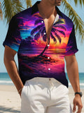 New Men'S Casual Short Sleeve Button-Up Shirt, Tropical Beach Sunset Print, Material, Multiple Sizes Available, Suitable for Beach Vacation And Daily Wear, Fashionable And Comfortable, Perfect for Daily Commute, Casual Outings, Dates