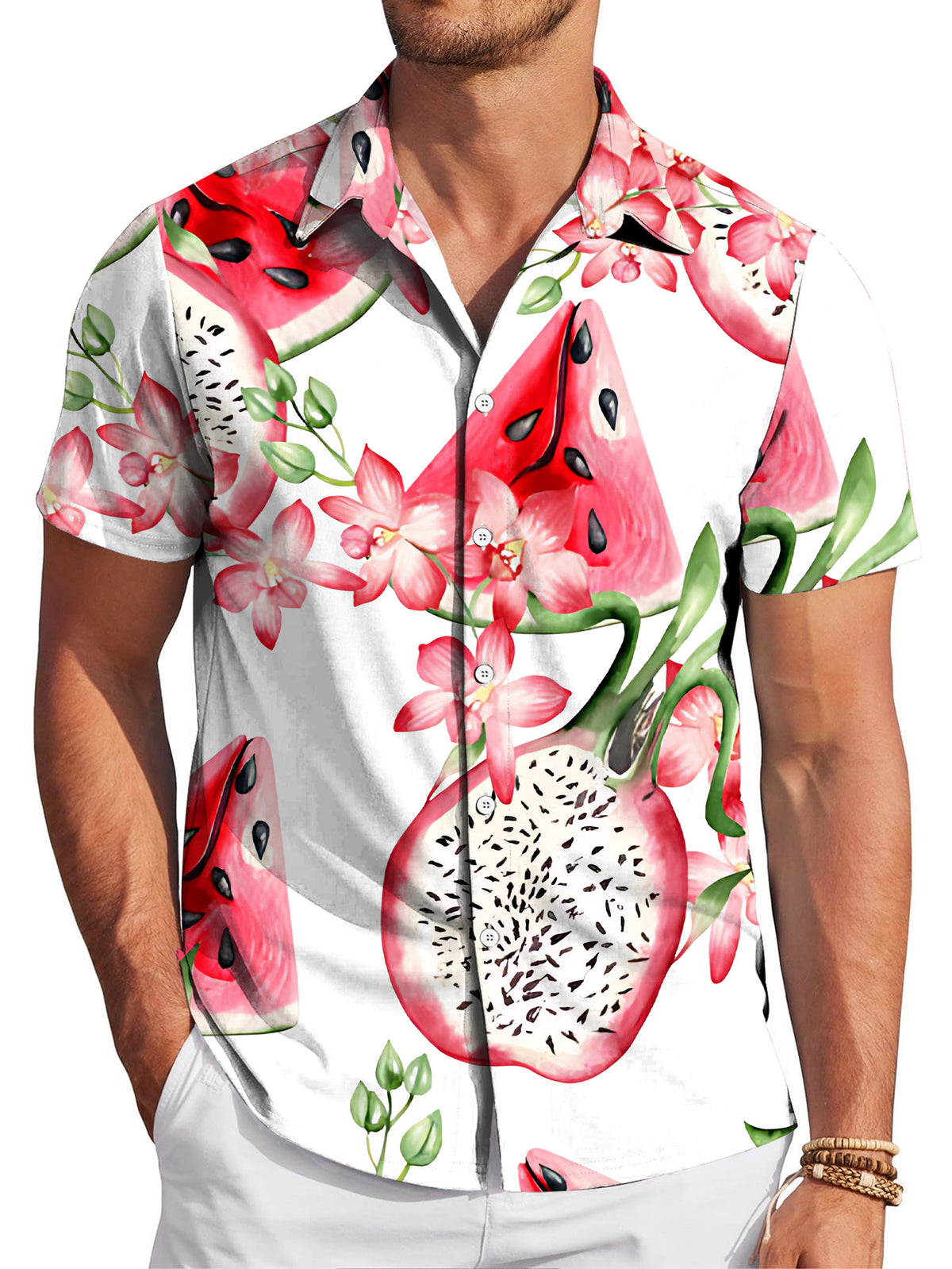 New Men's Casual Shirt with Digital Print, Standard Size, Short Sleeve, Watermelon/Dragon Fruit Floral Watercolor Style, Fashionable and Stylish Dopamine Party Top, Men's Streetwear Printed Trendy Summer Clothing